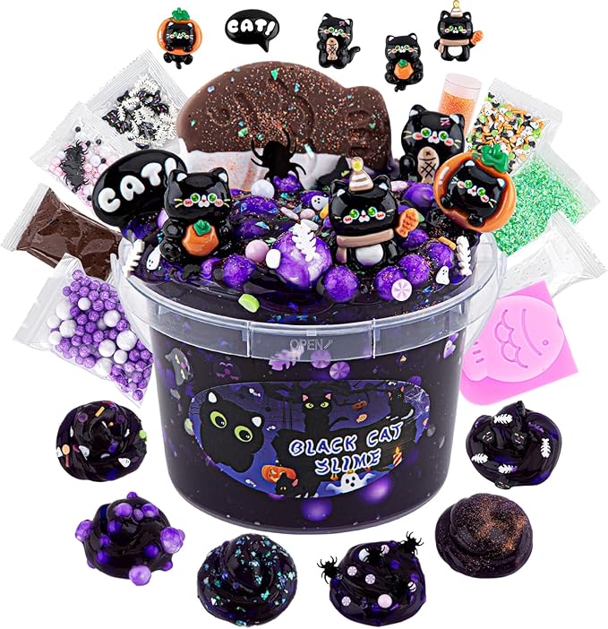 LAWOHO 300ml Black Cat Slime Kit with Clay, Purple Clear Slime Bucket for Girls & Boys with 9 Packs Cat Add-Ins for Kids Slime Toys, Non Stick Slime Making Kit for Birthday Halloween Christmas Easter
