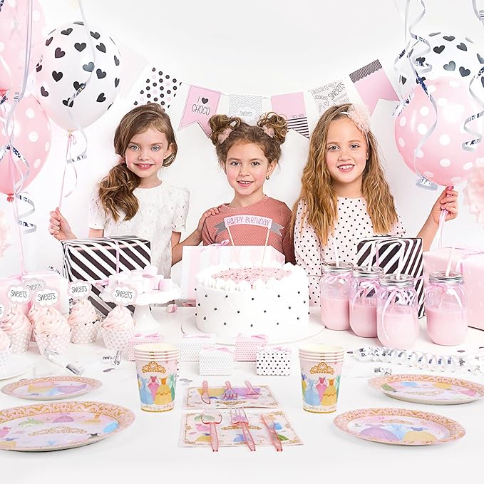 175Pcs Princess Paper Plates Napkins, Princess Themed Birthday Party Decorations Pink Party Supplies Disposable Dinnerware Set Plate, Utensils, Cup, Napkin, Tableware Set, Serve 25 Guests