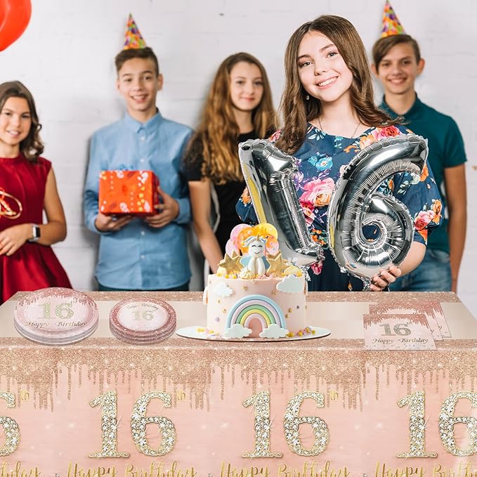 16th Birthday Party Decorations for Girls, Rose Gold Birthday Supplies Include 20Pcs Dinner Plates, 20Pcs Dessert Plates, 20Pieces Napkins and 2 Tablecloth, Sweet Sixteen Birthday Party Tableware
