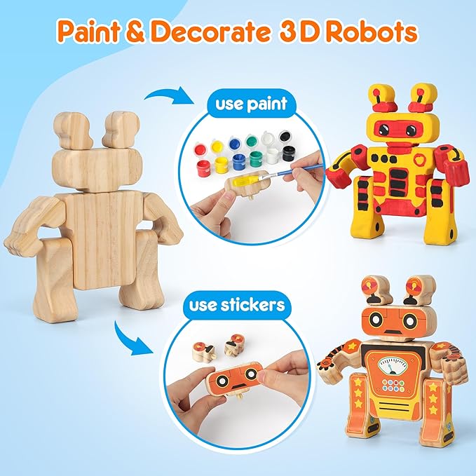 Mocoosy Wooden Robot Painting Art and Craft Kit for Kids Ages 3-5, Build & Decorate Your Own Robots with Paint & Stickers, Wood Robot STEM Game Montessoi Educational Toy Gift for Boys Girls 4-8 Years