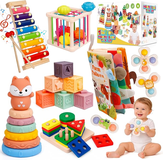 Montessori Toys for Toddlers 1-3, 7-in-1 Educational Activity Toy Set with Soft Cloth Book, Stacking Blocks & Learning Toys, Birthday Gifts for Boys Girls