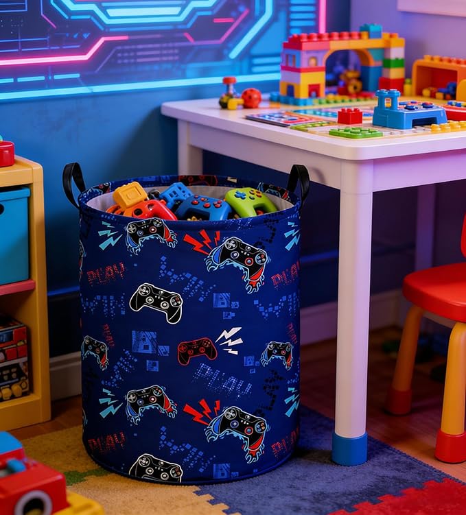 Game Laundry Basket Baby Hamper Dirty Clothes hamper Baby Nursery Hamper Gift Baskets Toy Storage Bin Boy Room Decor(Blue Games)