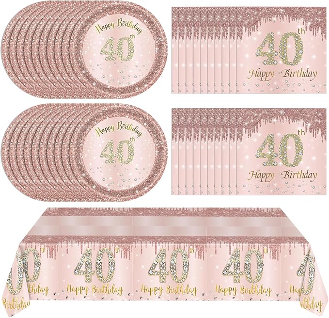 Ryzovo 41Pcs 40th Birthday Decorations, Rose Gold Birthday Party Supplies Include 20Pcs Plates 20Pcs Napkins and 1Piece Tablecloth, Sweet Forty Year Old Birth Party Tableware for Girl Ladies Women