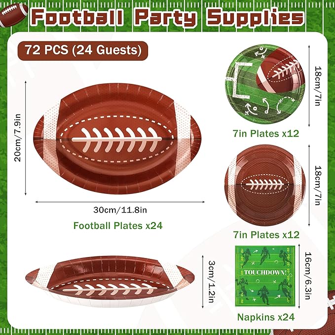 72PCS Football Party Plates and Napkins, 11.8in Football Shaped Disposable Paper Plates, Football Theme Party Supplies, Sports Game Birthday Party Decorations, Touchdown Party Decoration