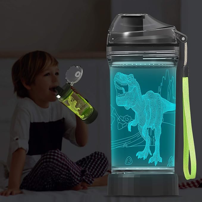 YuanDian Light Up Kids Water Bottle with 3D Dinosaur Tyrannosaurus Rex Design- 14 OZ Tritan BPA Free - Cool Drinking Cups Gift for School Kids Boy Girl Child Christmas Holiday