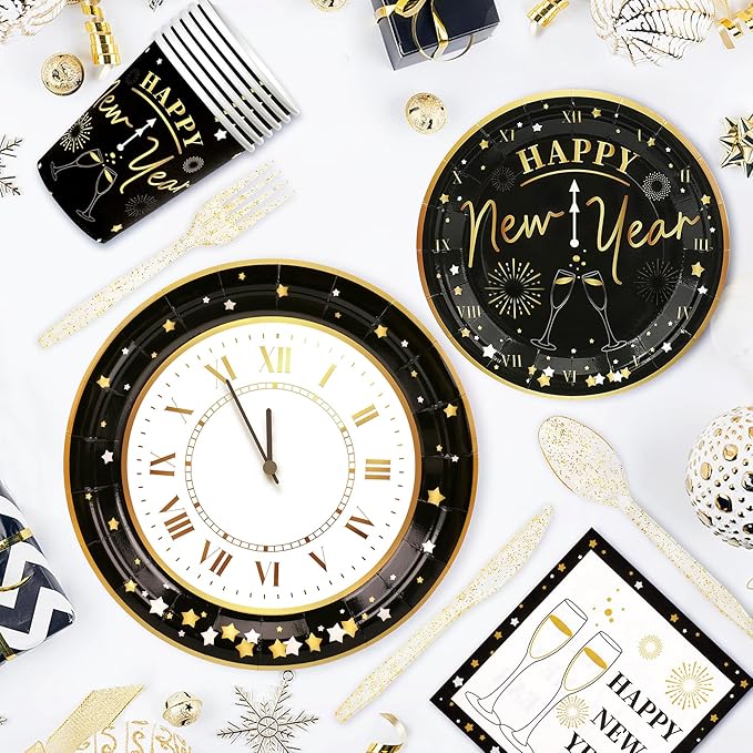 168pcs Happy New Year Party Supplies, Black and White Paper Plates Napkins Cups and Transparent Gold Cutlery for 24 Guests, 2026 New Year Disposable Tableware Supplies for Party Decorations