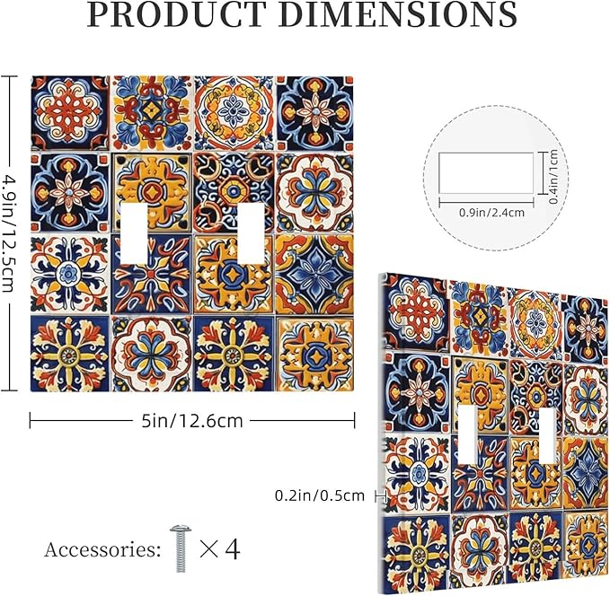 Mexican Talavera Tiles Flower Vintage Decorative Switch Plates 2 Gang Double Toggle Outlet Light Switch Cover Wall Plate Electrical Faceplate for Kitchen Bathroom Decor