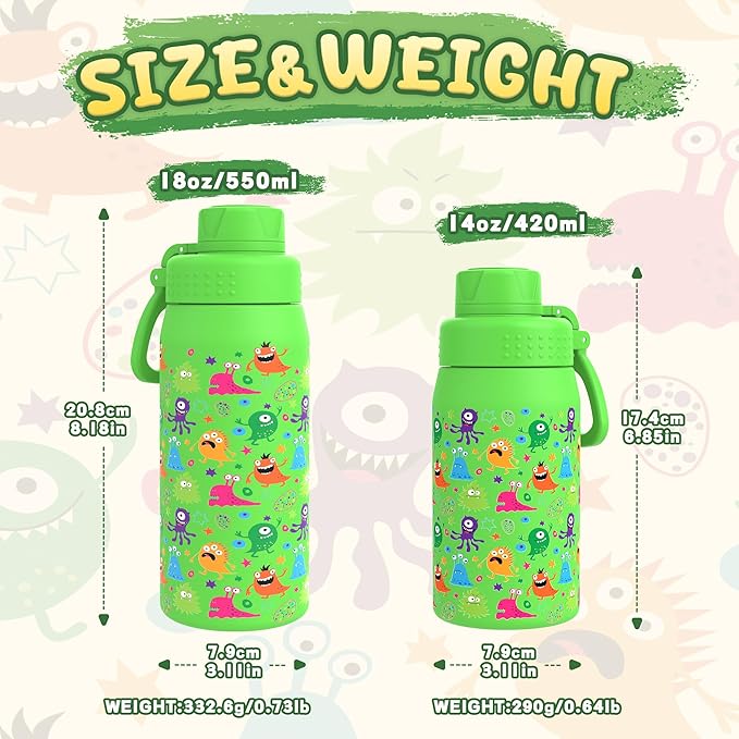 GOPPUS 19oz Kids Water Bottle with Spout Lid, Toddler Water Bottle, Stainless Steel Insulated Water Bottle, Leakproof, BPA Free, Suitable for Boys and Girls for School（Monsters）