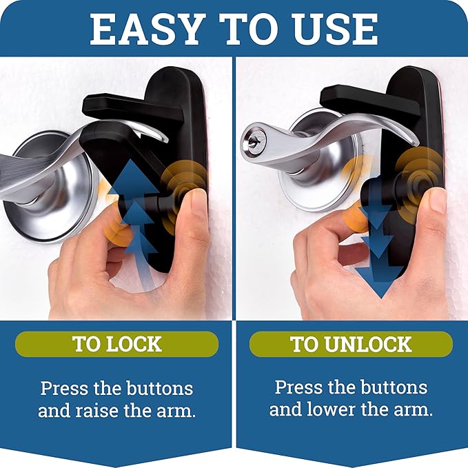 Door Lever Lock (1 Pack) Prevents Toddlers from Opening Doors. 3.25" L * 1.5" W * 4.5" H Easy One Hand Operation for Adults. Durable ABS with 3M Adhesive Backing. Simple Install (Black)