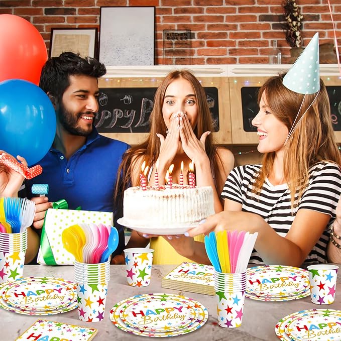 Meanplan Serves 24 Guests Happy Birthday Plates and Napkins Rainbow Star Birthday Tableware Set Rainbow Happy Party Decorations for Kids Included Cups Knives Forks Spoons Total 168 Pcs