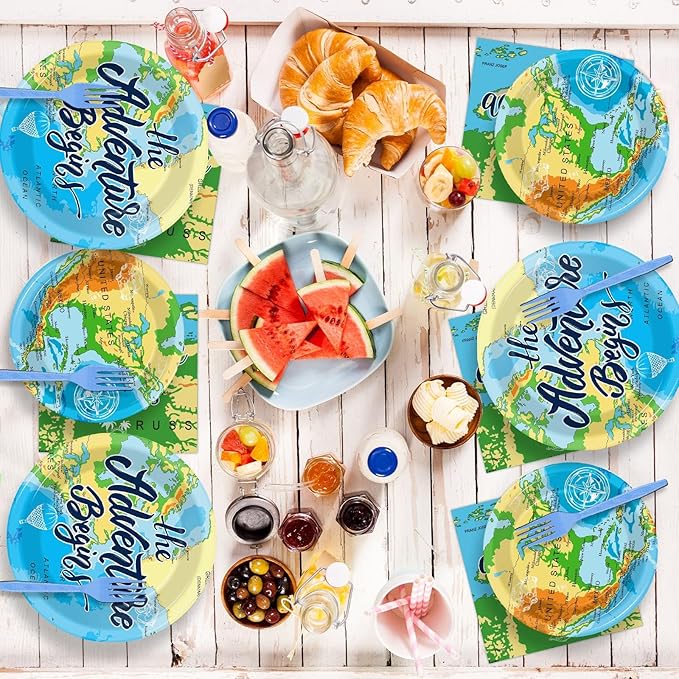 Wiooffen 96 Pcs Adventure Awaits Party Supplies Travel Map Birthday Plates Napkins Forks for Birthday Retirement Going Away Bon Voyage Paper Tableware Set Adventure World Party Decorations 24 Guests