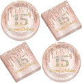 50Pcs Rose Gold 15th Birthday Party Paper Plates Napkins Girls Pink 15th Birthday Dessert Table Decoration Happy 15 Years Old Cake Tableware Set Serves 25 Guest Fifteen Years Old Party Favor Supplies