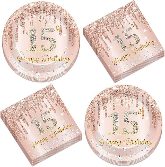 50Pcs Rose Gold 15th Birthday Party Paper Plates Napkins Girls Pink 15th Birthday Dessert Table Decoration Happy 15 Years Old Cake Tableware Set Serves 25 Guest Fifteen Years Old Party Favor Supplies