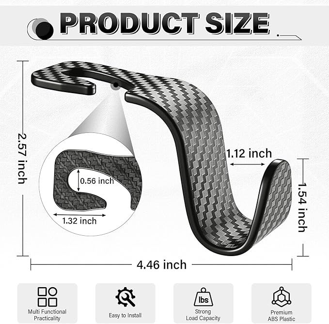 SINGARO Universal 2 Pack Car Seat Headrest Purse Hook, Carbon Fiber Back Seat Hook Storage Organizer Hanger for Purse Handbag Coat, Car Interior Accessories(Black)