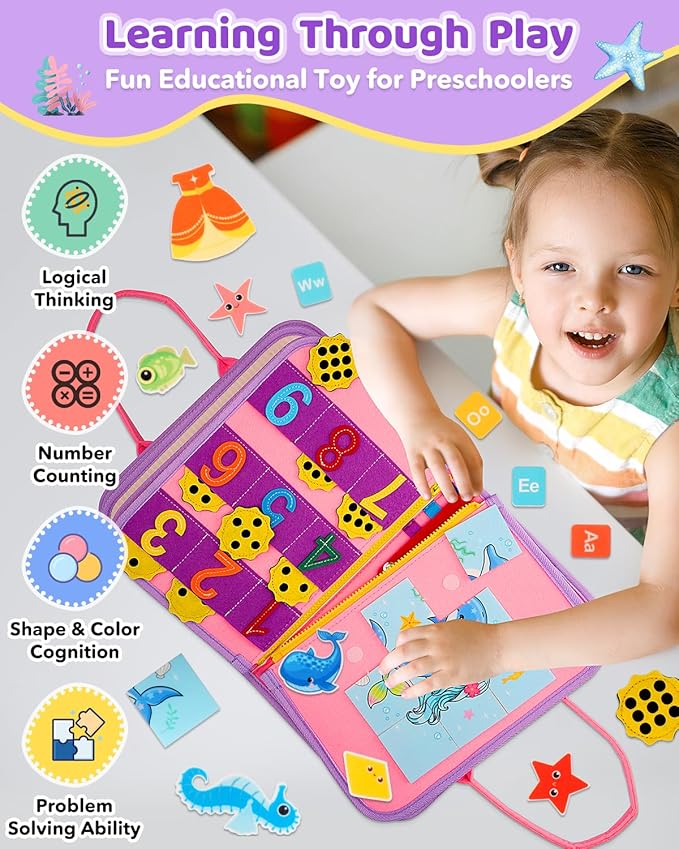 SaFeli Toddler Busy Board, Montessori Toys for Toddler Girl Birthday Gifts, Learning Toys Sensory Busy Book Toys for Toddlers, Travel Educational Book for Airplane Car | Birthday Gift for Girls, Pink