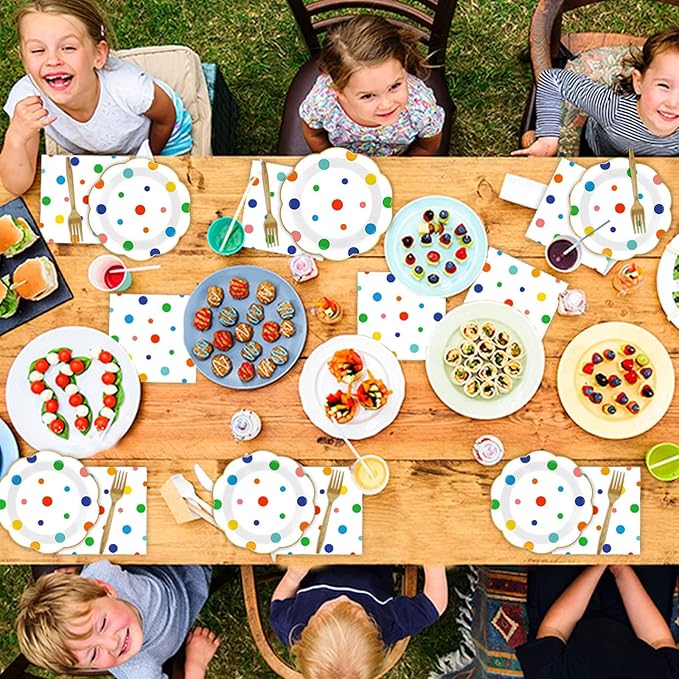 96 Pcs Colorful Birthday Plates and Napkins Colorful Polka Dots Party Supplies Rainbow Dots Tableware Table Decorations Confetti Plates Napkins Rainbow Party Favor for Baby Shower Wedding 24 Guests