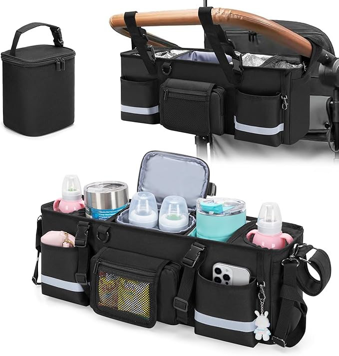 GRAOSO Parent Console Stroller Organizer Compatible with WONDERFOLD W4, with Four Insulated Cup Holders, a Removable Cooler Bag, Special Board Design Make It Not Easy Collapse and Tilting, Black