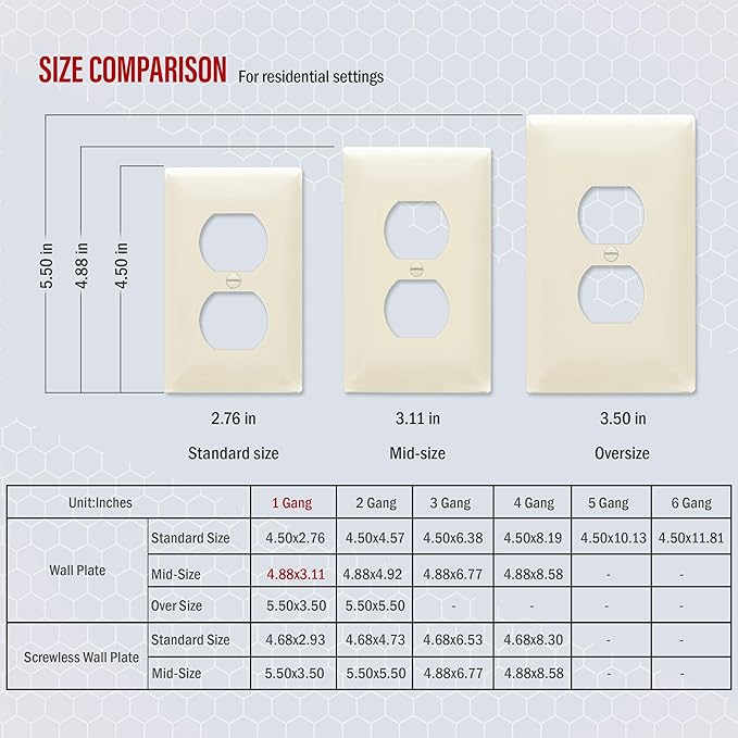 ENERLITES Duplex Receptacle Outlet Wall Plate, Midway Size 1-Gang 4.88" x 3.11", Unbreakable Polycarbonate Thermoplastic, 8821M-LA, Light Almond