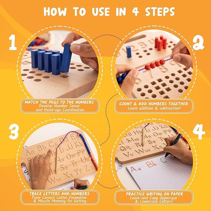 Hulats Montessori Counting Peg Board - Number & Letter Tracing Board - Wooden Montessori Alphabet & Counting Toys Toddlers 3+ Years Old - Alphabet Learning + Education Home Schooling Materials Pre-K
