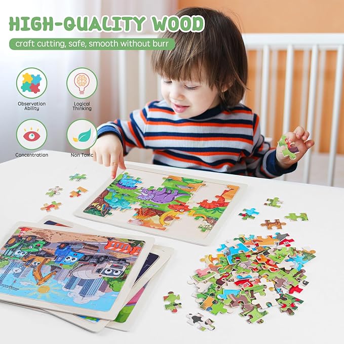 Wooden Puzzles for Kids Ages 4-8, 6 Pack 60 Piece Jigsaw Puzzle Set, Preschool Educational Brain Teaser Toys with Animals Dinosaur Space & Vehicles, Educational Toys for Boys and Girls