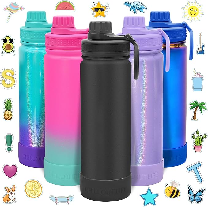 CHILLOUT LIFE 22 oz Kids Insulated Water Bottle for School with Leakproof Spout Lid and Cute Waterproof Stickers, Personalized Stainless Steel Thermos Flask Metal Water Bottle, Black