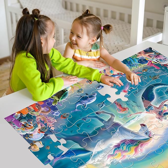 Jumbo Floor Puzzle for Kids Ages 4-8, 48-Piece Unicorn and Mermaid Underwater Jigsaw Puzzle, Large Educational Toys for Toddler Girls and Boys, Easter Gift for 3-5 Year Olds