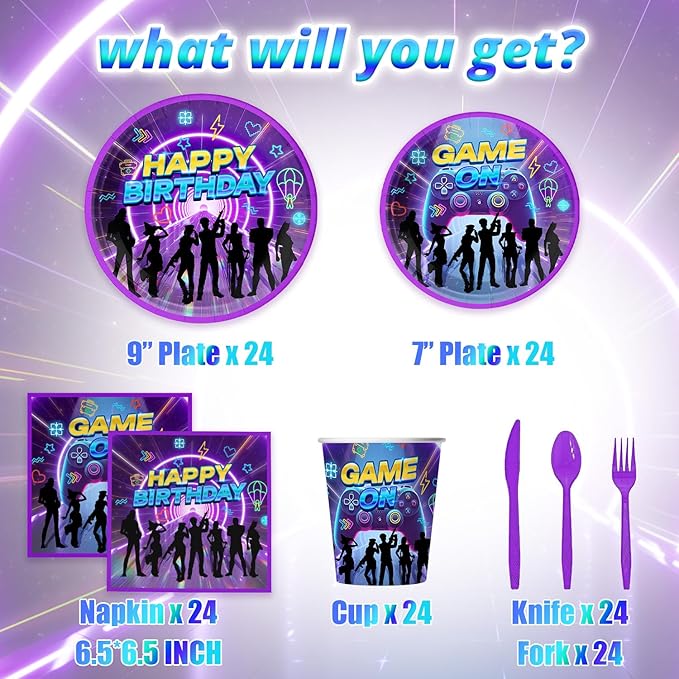 Video Game Party Supplies for Kids Child Themed Birthday Party,Game Theme Birthday Decorations Disposable Tableware Set With Plates, Cups, Napkins & Cutlery for 24 Guests