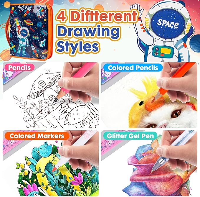 Washable Markers Set with Glitter Pencil Case, Art Supplies for Kids Ages 4-6-8, Arts Crafts Travel Coloring Kit for Boys 4 5 6 7 8 Year Old Birthday Gifts