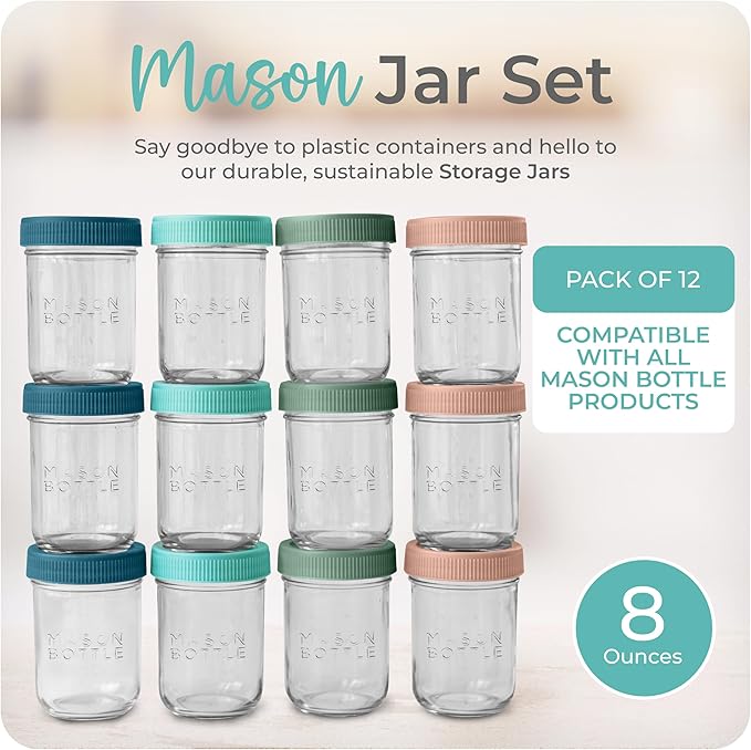 Mason Bottle 8oz Breast Milk Storage Jars (12-Pack) – Reusable Glass Baby Food Containers with Lid for Baby Formula & Breastmilk – Airtight, Stackable, Freezable (Deep Ocean)