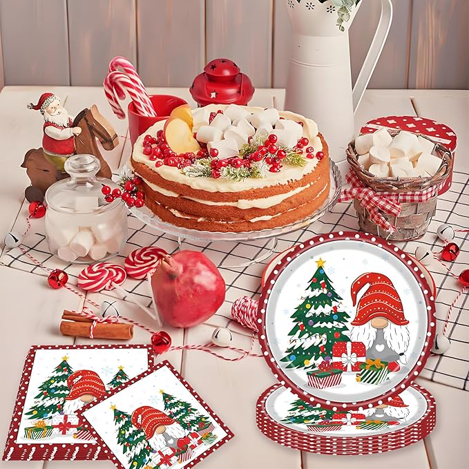 72Pcs Christmas Gnomes Plates and Napkins, Xmas Tree Paper Plates Santa Claus Party Supplies Disposable, Merry Christmas Themed Dessert Tableware Set for Xmas Holiday Winter Party Table Decorations