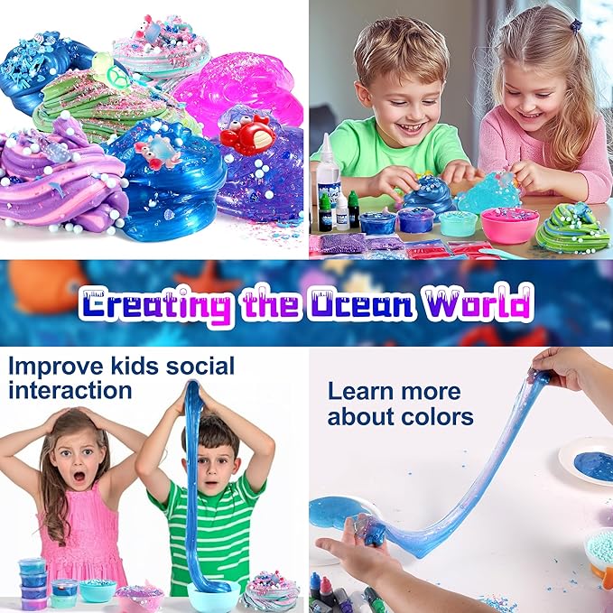 Ocean Slime Kit for Girls,Non Sticky,Super Soft Sludge Toy,Birthday Gifts for Kids 4-12,Soft Shiny Metal Clay Toy Girls & Boys
