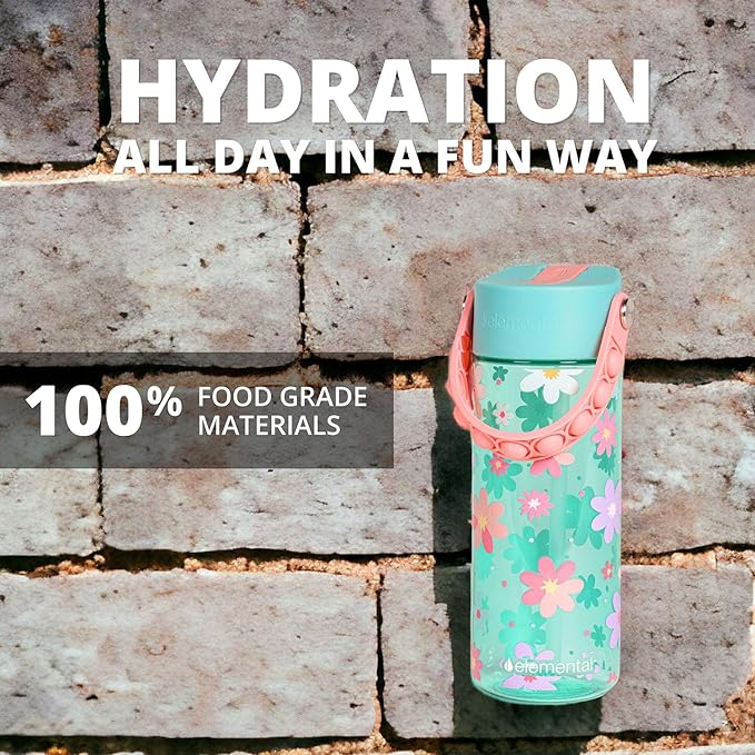 Elemental Water Bottles for Kids - Splash Kids Water Bottle for School with Pop-it Handle - BPA Free Tritan Plastic Water Bottle with Straw Leak Proof when Spout is Closed Spring Blossom Green-18oz