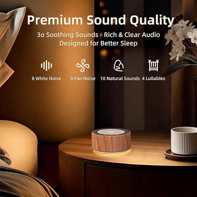 Kipcush White Noise Machine with Night Light – Nursery Sound Machine with Soft Non-Glare Lamp, 30 Soothing Sounds, 8 Color Lights, Up to 8-Hour Timer for Baby & Adults