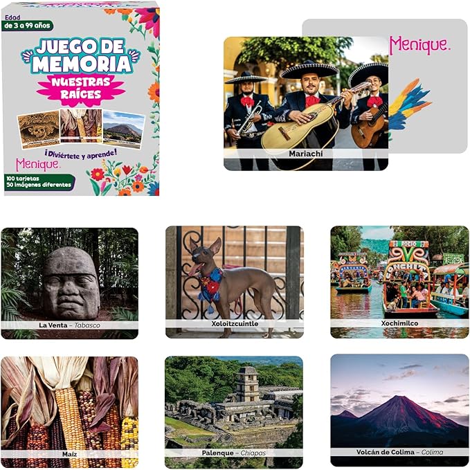 Menique – Mexican Roots Memory Game – Bilingual – 100 Cards (50 Pairs) with Real Photographs – Includes Booklets in English & Spanish – Cultural Matching Game for Kids & Adults