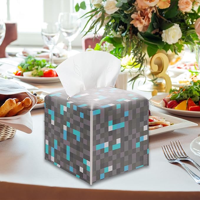 Pixel Diamond Ore Square Leather Tissue Box Cover – Gaming Themed Facial Paper Organizer, Fun Birthday Gift for Kids & Gamers, Decorative Bathroom, Bedroom & Game Room Decor