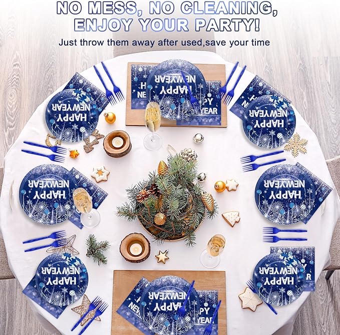 100PCS Happy New Year Party Plates and Napkins Party Supplies Blue 2026 New Year's Eve Platters Dessert Cake Tableware Set Party Decor Favor for New Year Evening Party Celebration Decoration Serves 25