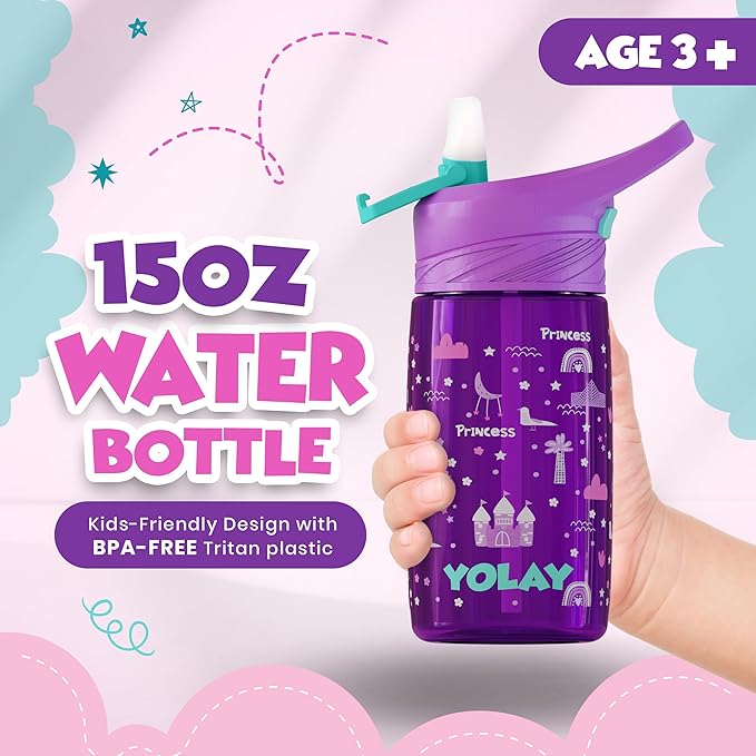YOLAY 15oz Kids Water Bottle For School Boys and Girls, Durable Toddler Water Bottle with Straw Lid Leak-Proof, Spill Proof, Easy Clean and Dishwasher Safe with Re-Usable and BPA Free - Princess