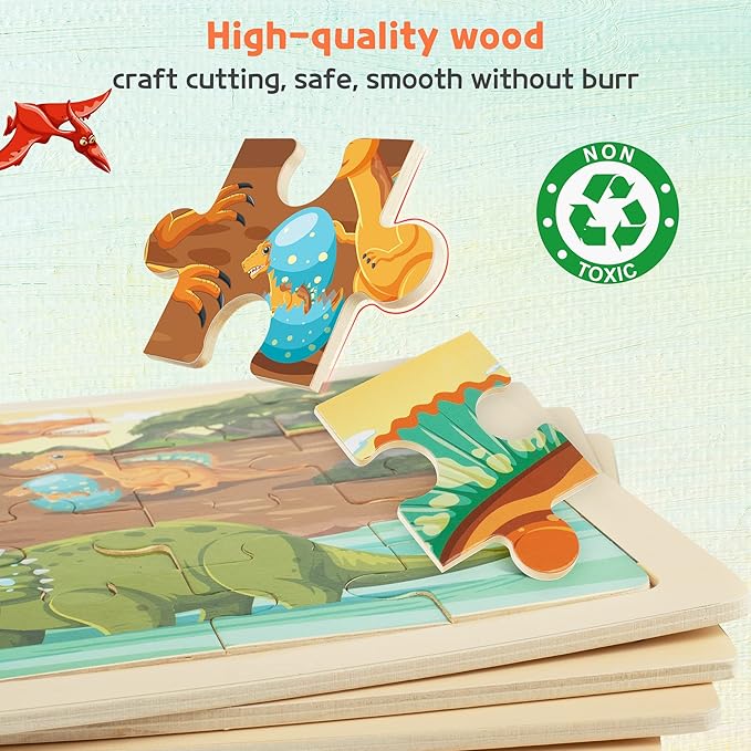 SYNARRY Large Dinosaur Wooden Puzzles for Kids 4 in 1 Gift Box(12.2 * 9.4 in), Jigsaw Puzzles for Kids Ages 4-6, Wood Puzzles for Kids Ages 3-5, Dinosaur Toys Easter Basket Stuffers Gifts for Kids