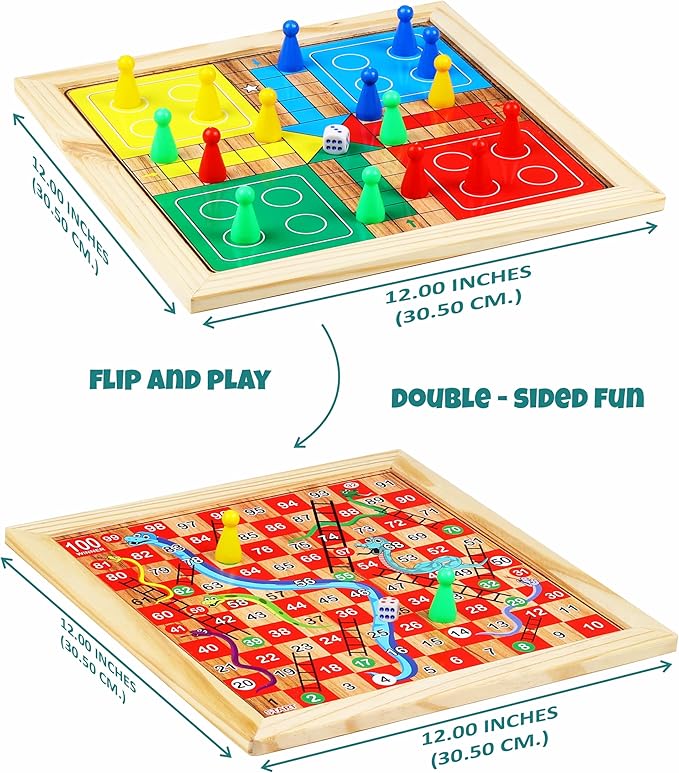 Ankit Toys & Games 5-in-1 Wooden Board Game Set Includes Ludo, Snakes & Ladders, Chess, Checkers, and Tic Tac Toe. Portable Fun for Kids, Adults and Family Game Nights | 2 Reversible Boards