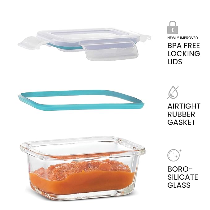 FineDine Small Glass Meal Prep Food Storage Container - Airtight, Leakproof, Microwave & Dishwasher Safe - Perfect for Snacks, Dips, 6 Count - Teal