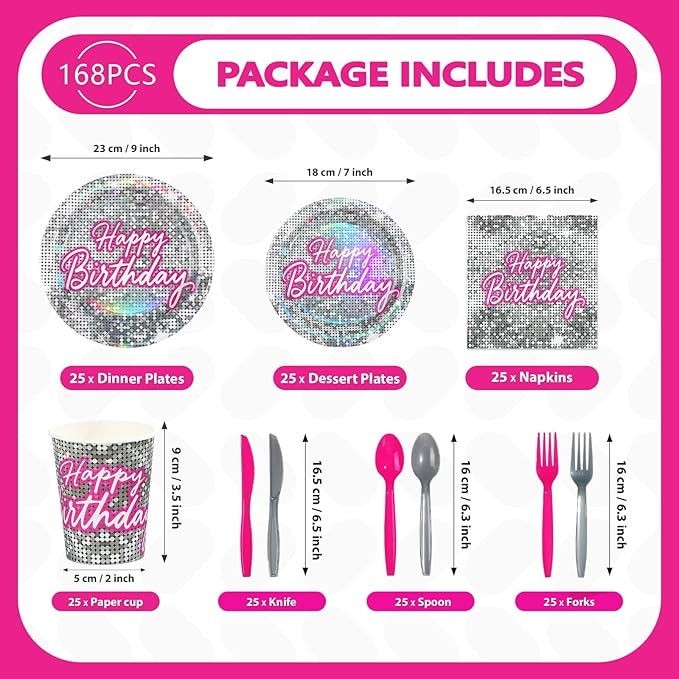 168Pcs Disco Birthday Party Decorations Hot Pink Silver Glitter Sequins Plates and Napkins Cups Forks Tableware Sets for Women Girls 70s 80s Theme Disco Neon Pastel Rainbow Party Supplies Serves 24