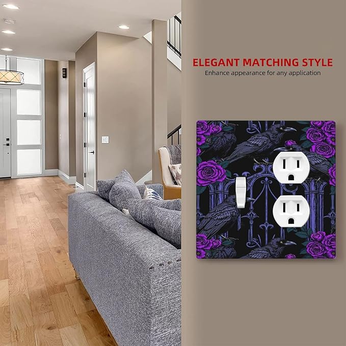 Wallplates Gothic Style Crow Purple Flowers 1 Toggle 1 Duplex Switch Plate Electrical GFCI Faceplate Decorative Light Switch Covers for Bedroom living Room Decor