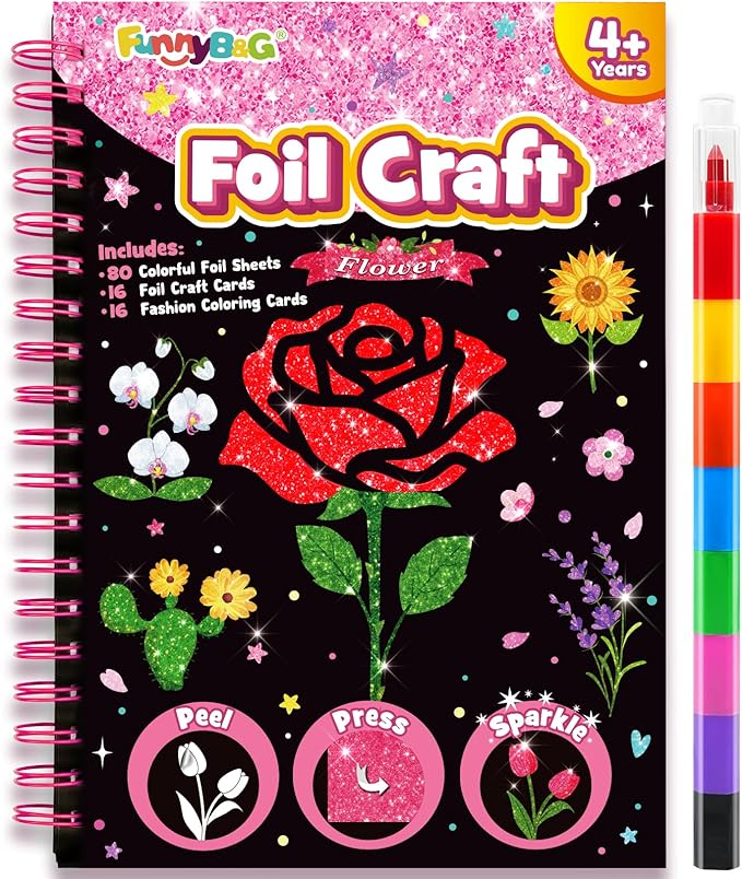 FUNNYB&G Foil Art Crafts for Kids Ages 4-8: Mother's Day 2026, Birthday Gift for Girls, Art and Crafts Supplies, Party Favors, Creative Toys for Girls 4 5 6 7 8 9 Years Old(Flower)