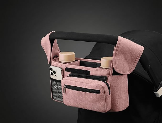 Stroller Organizer with Insulated Cup Holders - Universal Pink Baby Stroller Bag Caddy with Detachable Phone Pocket, Diaper Storage, Adjustable Straps for Uppababy, Doona, Baby Jogger, Britax