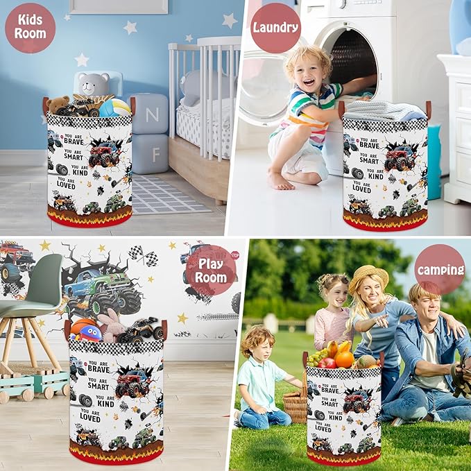 Monster Trucks Laundry Hamper Basket Kid Gift Toy Bin Empty Car Nursery Decor Hamper,Storage Basket Collapsible Clothes Book Organizer Bin for Boy,Easter Gift (Monster Trucks-Fire)