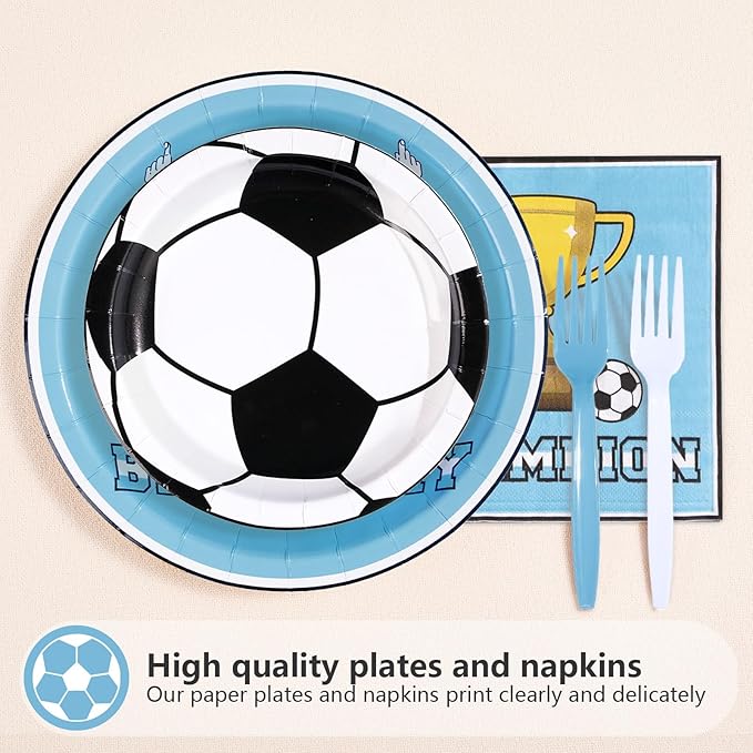 96Pcs Blue Soccer Birthday Party Supplies Blue Soccer Star Plates and Napkins Football Champion Themed Tableware Set for Sports Fans Football Theme Birthday Party Supplies，Serves 24