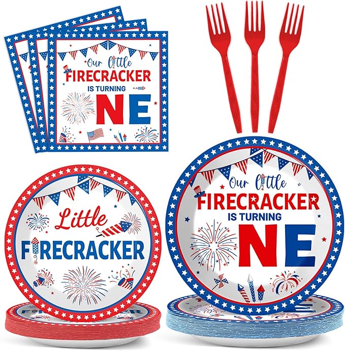 gisgfim 96Pcs Little Firecracker First Birthday Plates and Napkins Party Supplies 4th of July Party Tableware Set Independence Day Patriotic Paper Dinner Birthday Decorations Favors for 24 Guests