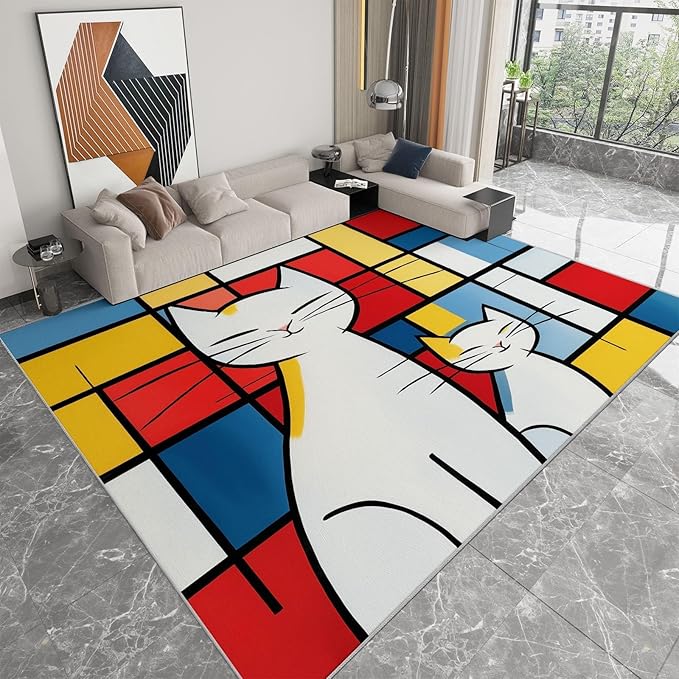 Geometric Color Block Cat Rug 2×3.6ft Abstract Art Non Slip Washable Patchwork Rugs for Bedroom, Ultra-Thin Low-Pile Carpets for Kitchen Laundry Hallway Bathroom Decor