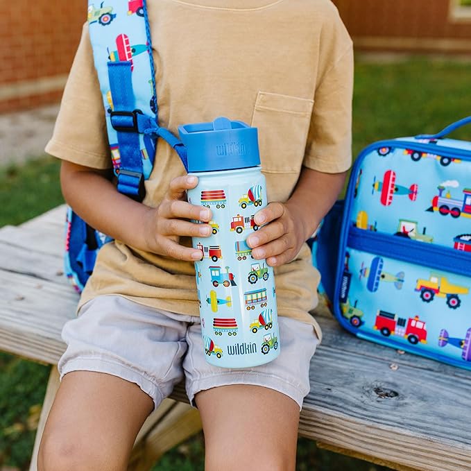 Wildkin Kids 18oz Stainless Steel Water Bottle – BPA-Free, Leakproof, Insulated, Easy-Clean - Trains, Planes & Trucks