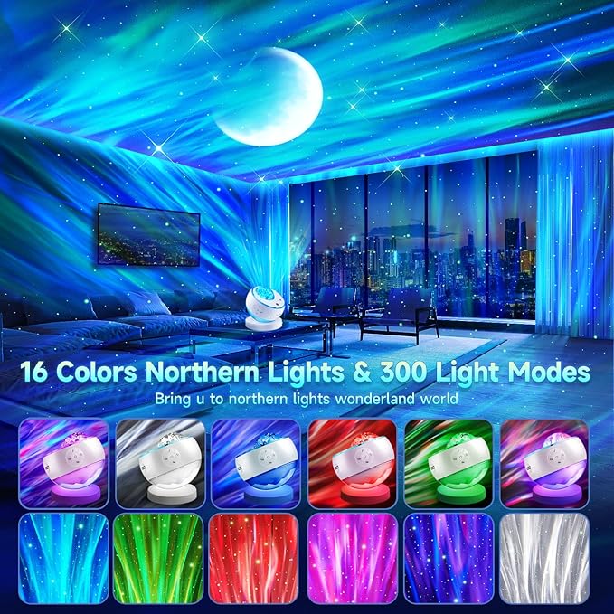 Staryou Iceberg Northern Lights Projector, White Galaxy Projector with Bluetooth Speaker & 15 White Noise, Aurora Light with Detachable Base, 300+ Light Modes, Ideal Gift & Bedroom Decor